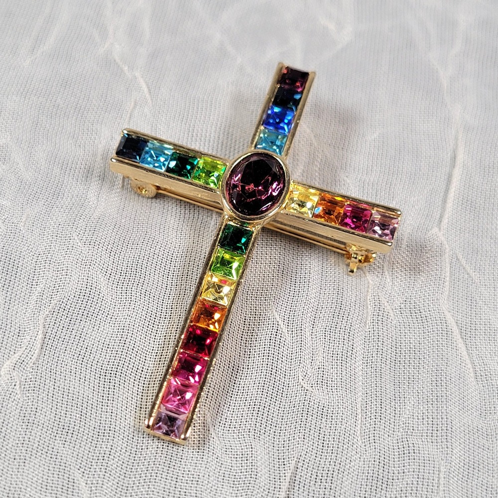 Colorful Rhinestone Cross Pendant Brooch 1998 PSCOReligious Gold Tone Jewelry